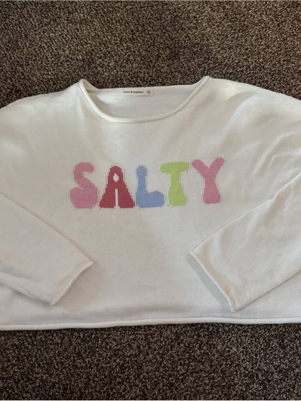 Ocean Drive White Crewneck Sweater with Pastel 'SALTY' Graphic